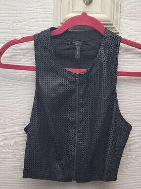 BCBGMAXAZRIA Lyndsie Faux Leather Laser Cut Crop Top XS Black Moto Vest